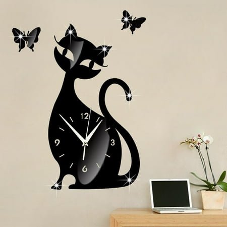 HOARBOEG 3D Wall Clock DIY Wall Decoration Clock Cute Cat Mirror Black Wall Clock Modern Design Home Decor Watch Wall Sticker
