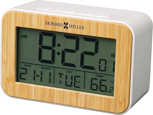 Howard Miller Bamboo Box Alarm Clock, Battery Operated White LCD Illuminated Screen Adjustable Backlight All in One Display, Sturdy Wooden Material Repeatable Alarm Clock for Home Decor & Office
