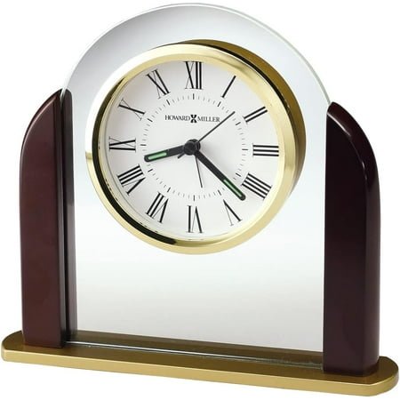 Howard Miller Derrick Table Clock Analog Display, Roman Numerals Alarm Clock with A Modern Glass Arch Perfect for Living Room Office, and Home Decor Quartz Movement Battery Operated Clock