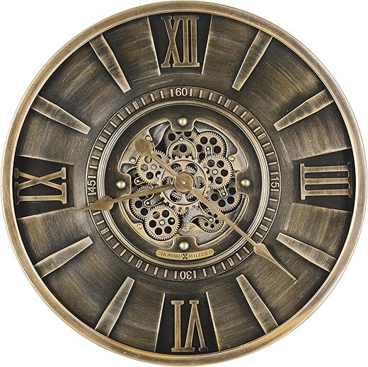 Howard Miller Lucian Wall Clock, Sturdy Metallic Material Classic Round Design Vintage Home Decor, Huge Glass Lens Analog Display Roman Numerals Quartz Movement Idle Timepiece for Living Room