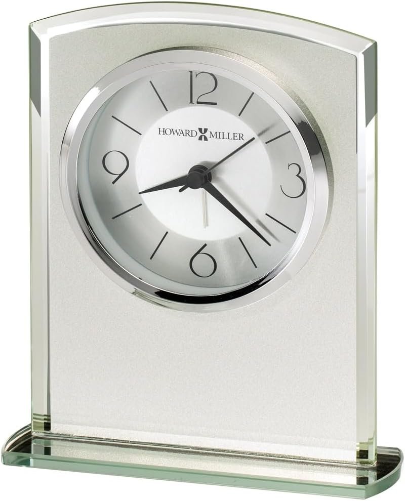 Howard Miller Mayfield Tabletop Clock – Classic Glass Wood & Metal Bracket Style Alarm Clock with Quiet Sweep Battery Operated Quartz Movement Perfect for Desk Office or Mantel Decor