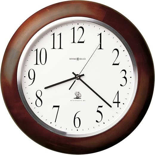 Howard Miller Murrow Wall Clock, Wooden Finish Classic Round Design with Optical Crystal Glass, Atomic Radio Controlled Movement Perfect for Home Decor, Office & Living Room Battery Operated
