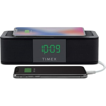 iHome Alarm Clock Portable Speaker with QI Charging and USB Charger, 0.9” Green Display Alarm Clock