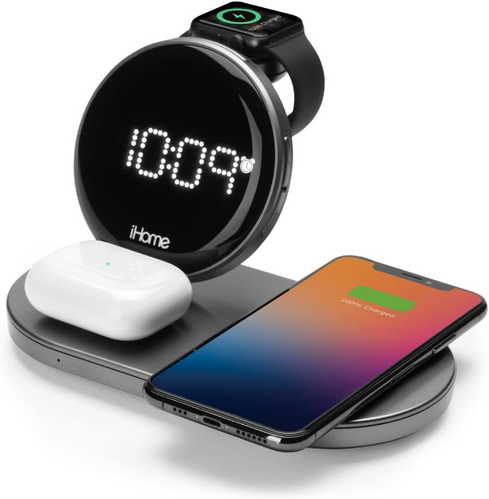 iHome POWERVALET Quad 4-in-1 Dual Qi Wireless Fast Charger, Airpod Charging, Apple Watch Charger, and USB Charging Alarm Clock, 30W Total Power Output (iWW33)