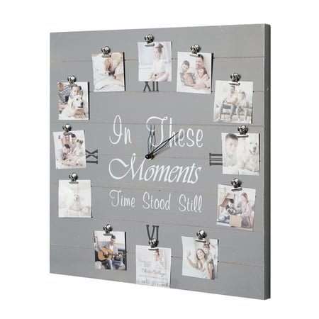 In These Moments Gray Wood Plank Photo Collage Clock with Picture Clip - 20 x 20