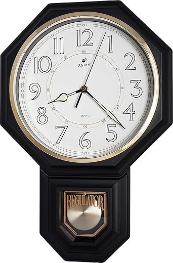 JUSTIME Traditional Schoolhouse Pendulum Luminous Wall Clock Chimes Hourly with Westminster Melody Made in Taiwan, 4AA Batteries Included (PP0258-2L Matt. Black)