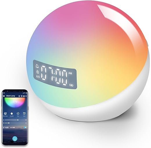 Kids Alarm Clock with Night Light,20+Dimmable Colors,12 Natural Sounds,4 Custom Alarms and Sunrise Wake-Up,Snooze&Timer,Smart Light Alarm Clock,(6th Gen) APP Control