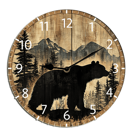 Kurmntregon Cabin Bear Wall Clock Forest Wildlife Mountain Lodge Wooden Bathroom Clock Battery Operated Non Ticking Silent Clocks Living Room Decorative Decor Round 10