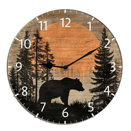 Kurmntregon Cabin Bear Wall Clock Forest Wildlife Mountain Lodge Wooden Painted Silent Non-Ticking Round Clock For Garage Basement Restaurant Workshop Wall Round 10