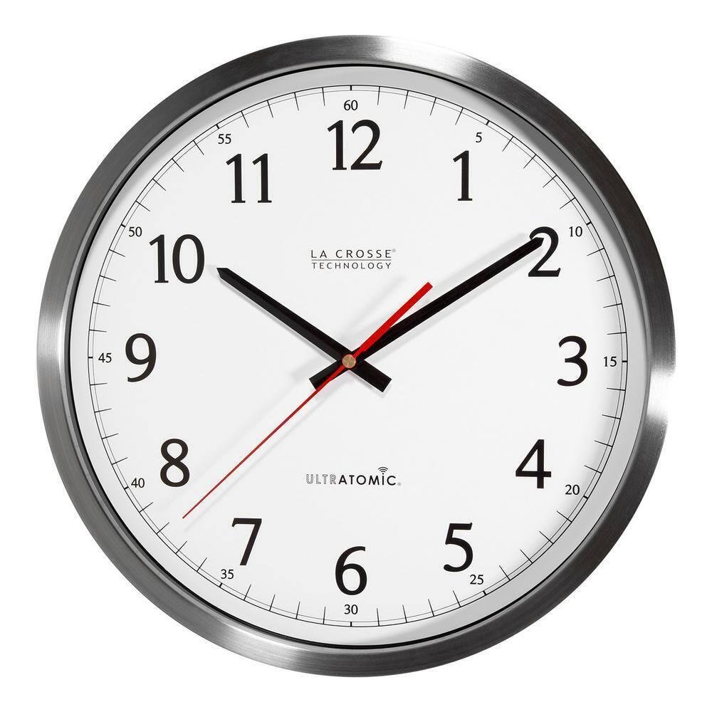 La Crosse Technology Wall Clock Silver Metal Analog Dual Antenna DST Auto Update
