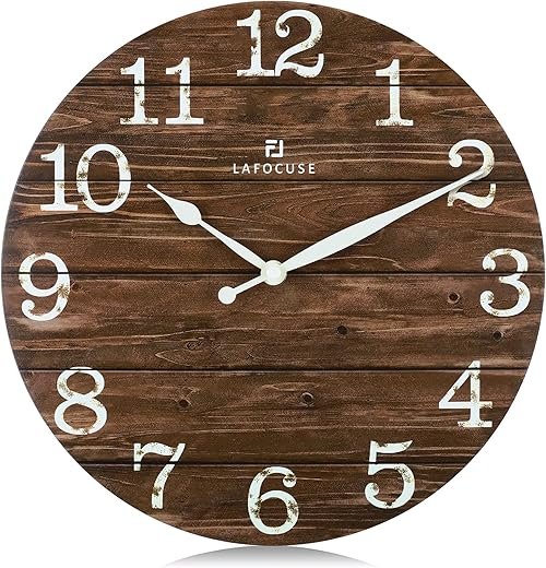 Lafocuse 12 Inch Silent Wooden Rustic Brown Wall Clocks Battery Operated, Analog Farmhouse Wall Clock for Living Room Decor, Reloj de Pared Decorative Vintage Kitchen Clock for Bedroom Home Office