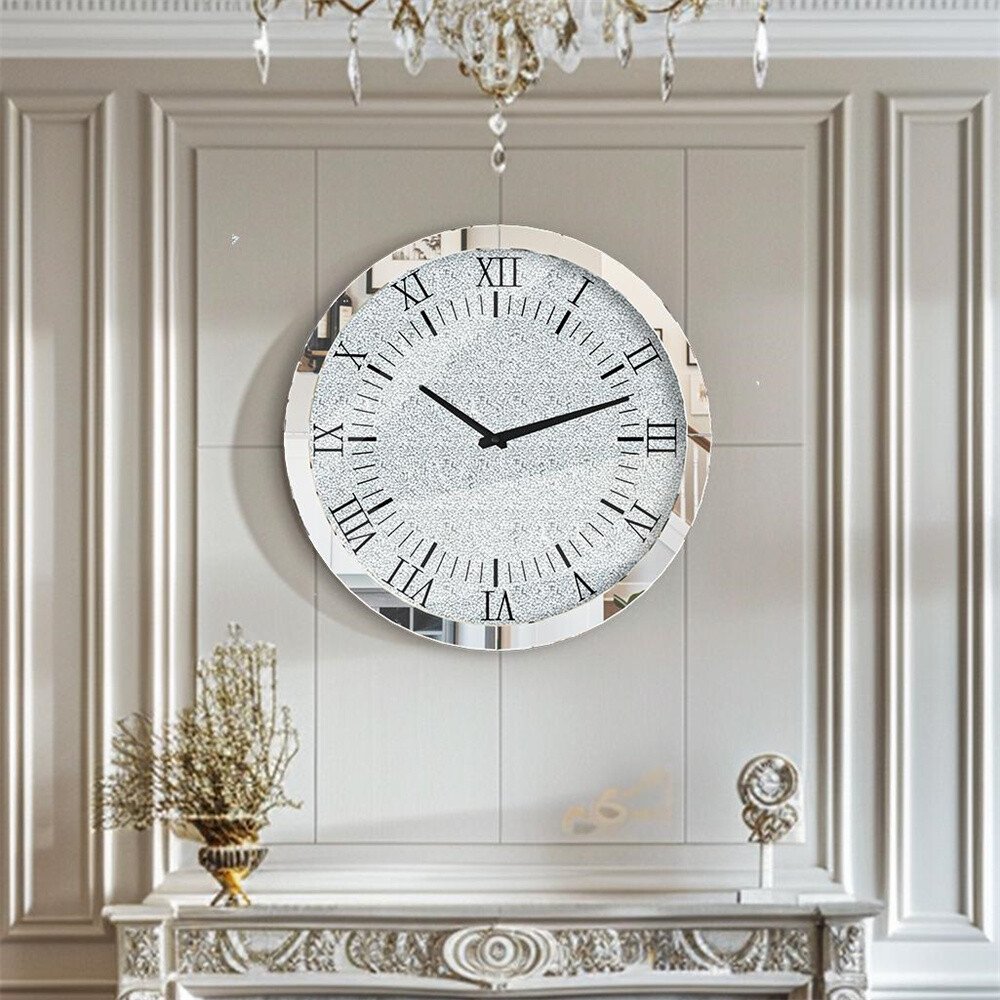 Large Mirrored Crushed Crystal Wall Clock Diamond Crystal Mirror Beveled Edging