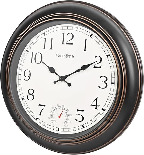 Large Outdoor Clock Waterproof 18" - Retro Indoor Outdoor Wall Clocks with Thermometer for Patio Pool Garden Living Room Decor,Bronze