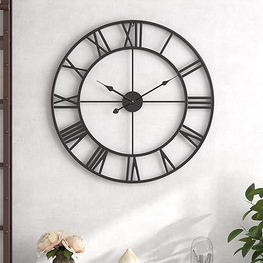 Large Outdoor Indoor Waterproof Metal Wall Clock, Completely Silent, 24 inch Roman Numerals Vintage Art Decor Modern Clocks, Mid-Century Battery Operated Home Decorative for Kitchen,Bedroom,Office