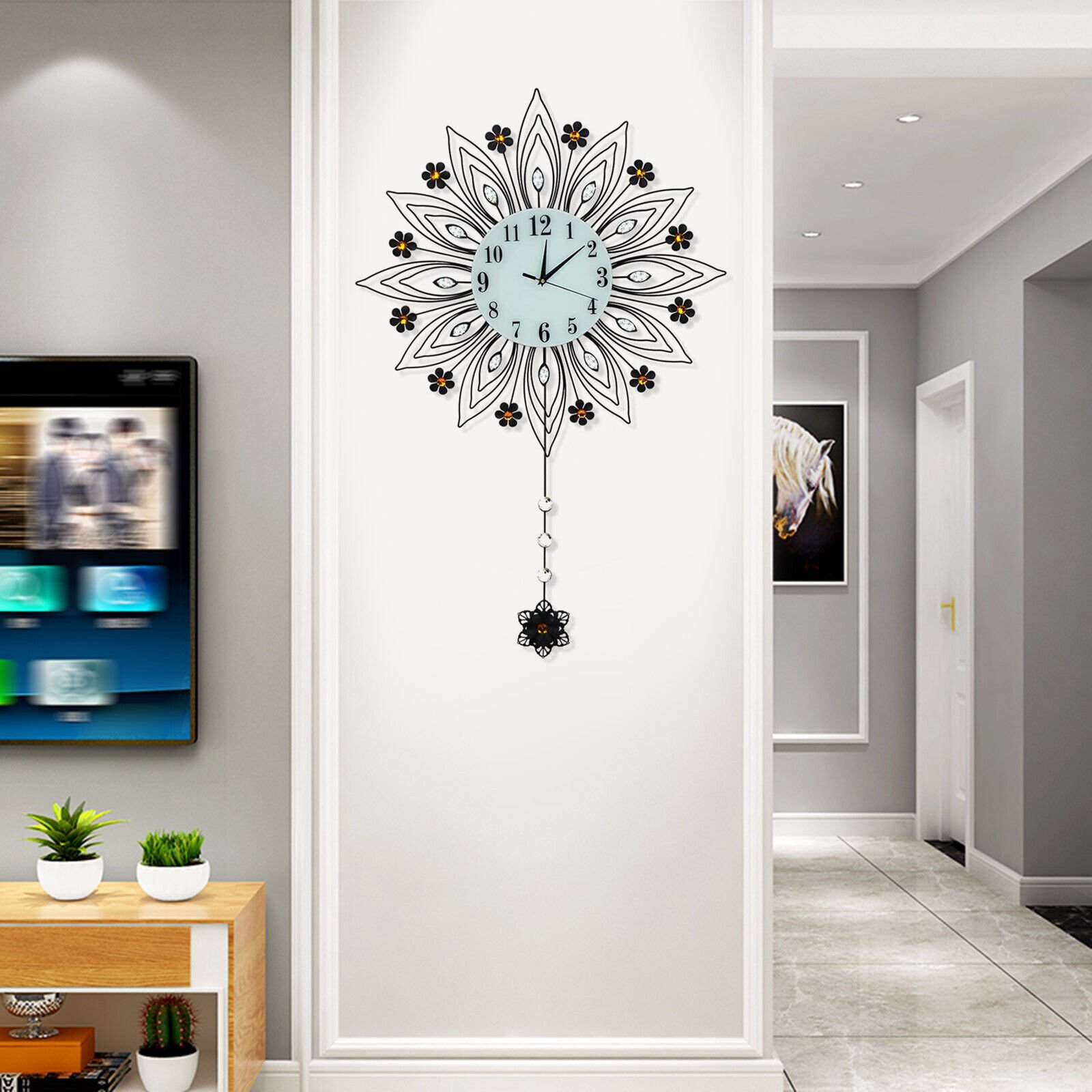 Large Pendulum Wall Clock,Non-Ticking Silent Quartz Metal Flower Wall Clocks