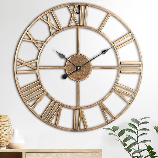 Large Wall Clock, 24-Inch(60CM) Roman Numeral Decorative Art Wall Clock,Completely Silent, Non Ticking, Battery-Operated Metal Wall Clock for Living Room, Bedroom and Kitchen-Copper Gold