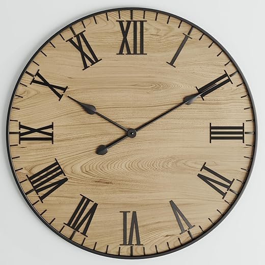 Large Wall Clock 24 Inches - Decorative Wall Clock Large With Real Wood & Roman Numerals - 24 Inch Clocks For Living Room Decor - Large Farmhouse Clocks - Big Wall Clock For Living Room