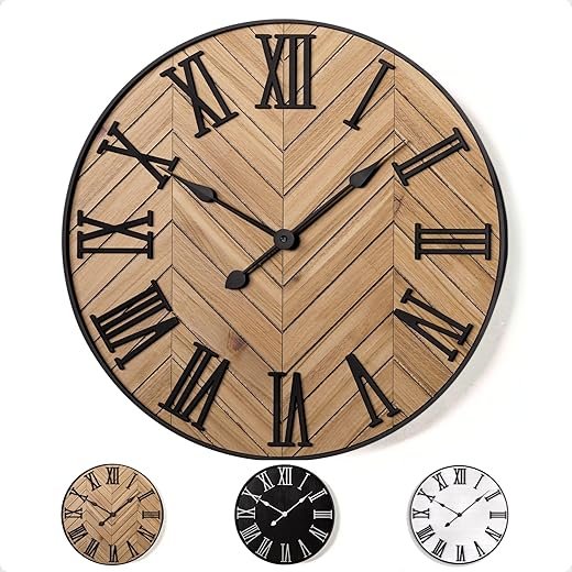 Large Wall Clock 24 Round - Silent Metal & Wood Large Farmhouse Wall Clock For Living Room Decor with 3D Roman Numerals - No Ticking - Noiseless Big Wood Decorative Clocks for Living Room Decor