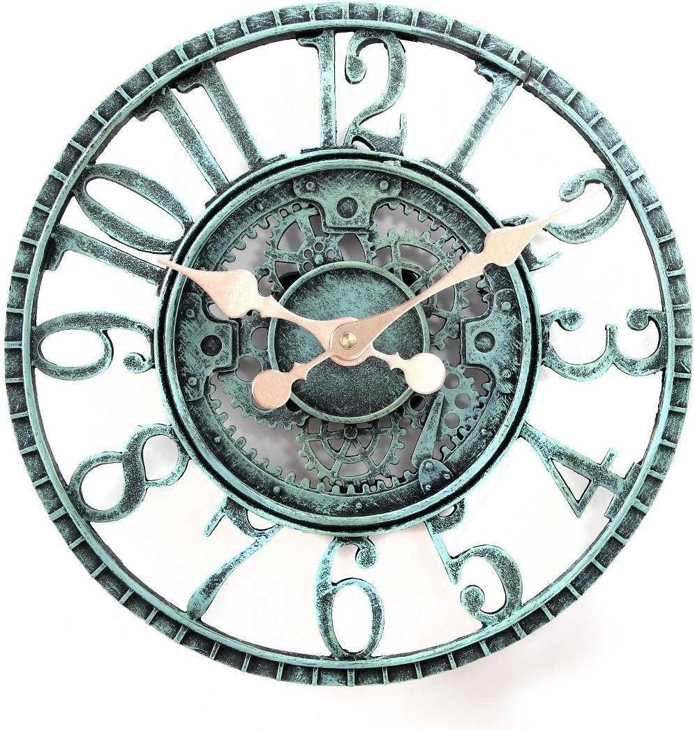 Lily's Home Hanging Wall Clock, Steampunk Gear and Cog Design with a Pewter Finish, Ideal for Indoor or Outdoor Use, Poly-Resin (12 Inches Diameter)