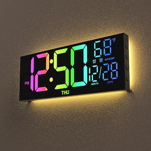MEISD Digital Wall Clock, 13 Large Display Alarm Clock with Remote Control, RGB Colors, Dual Alarm, Auto-Dimming,Digital Clock with Night Light, Auto DST, Date Week,Gift for Elderly