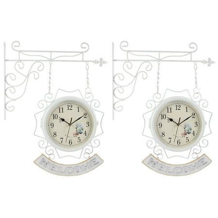 MLINS 2pcs Double Sided Wall Clock with Scroll Wall Mount Railway Station Style Vintage Metal Hanging Clock Wrought Wall Ornament Industrial Decor White
