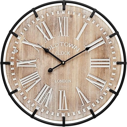 MODE HOME Large Farmhouse Wall Clock, 24 Inch Rustic Wooden Wall Clock Decorative with Metal Circle and Engraved Numerals, Silent Battery Operated for Kitchen Bedroom Living Room Fireplace Mantel