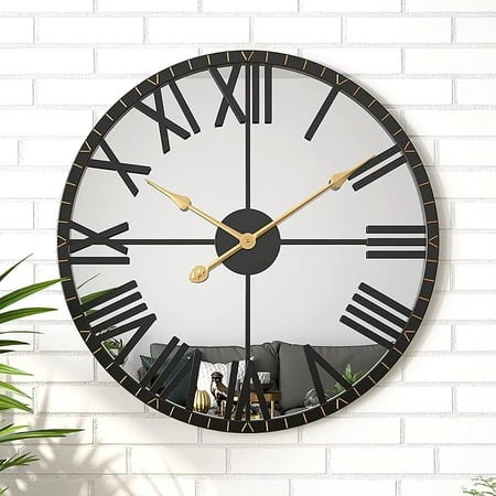Modern Mirror Wall Clock, Large Vintage Retro Wall Decor, Metal Frame Big Silent Non Ticking Clock for Living Room Decor, Kitchen, Bedroom, Study Decoration, 24 Inch