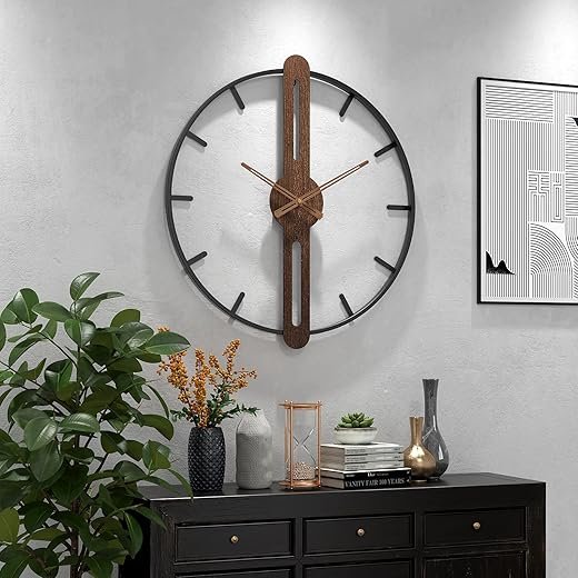 Modern Walnut Dial Wall Clock, Wood Large Wall Clock Decor Metal Frame Silent Non Ticking for Living Room, Bedroom, Kitchen, Study Decoration, Handmade Home Present Idea, 24 in (60 cm)