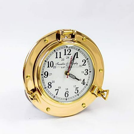 Nagina International 9 Antique Brass Premium Nautical Wall Decor Vintage Time's Clock | Pirate's Porthole Decorative Clock (Brass Franklin & Murphy's)
