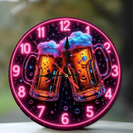 Neon Clock Beer Cheers Mug Toast 10-Inch Silent Wooden Wall Clock, Battery Operated (AA Batteries Not Included), Artistic Home Decor