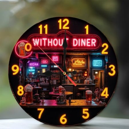 Neon Retro Bar Clock Wall Art Diner Decor 10-Inch Silent Wooden Wall Clock, Battery Operated (AA Batteries Not Included), Artistic Home Decor