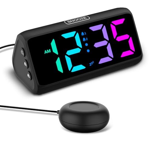 Netzu Loud Alarm Clock for Heavy Sleepers, Plug-in RGB Vibrating Alarm Clocks with Bed Shaker, 5 Dimmers, 2 Alarms, 4 Volumes and Snooze for Bedrooms Adults (Black)