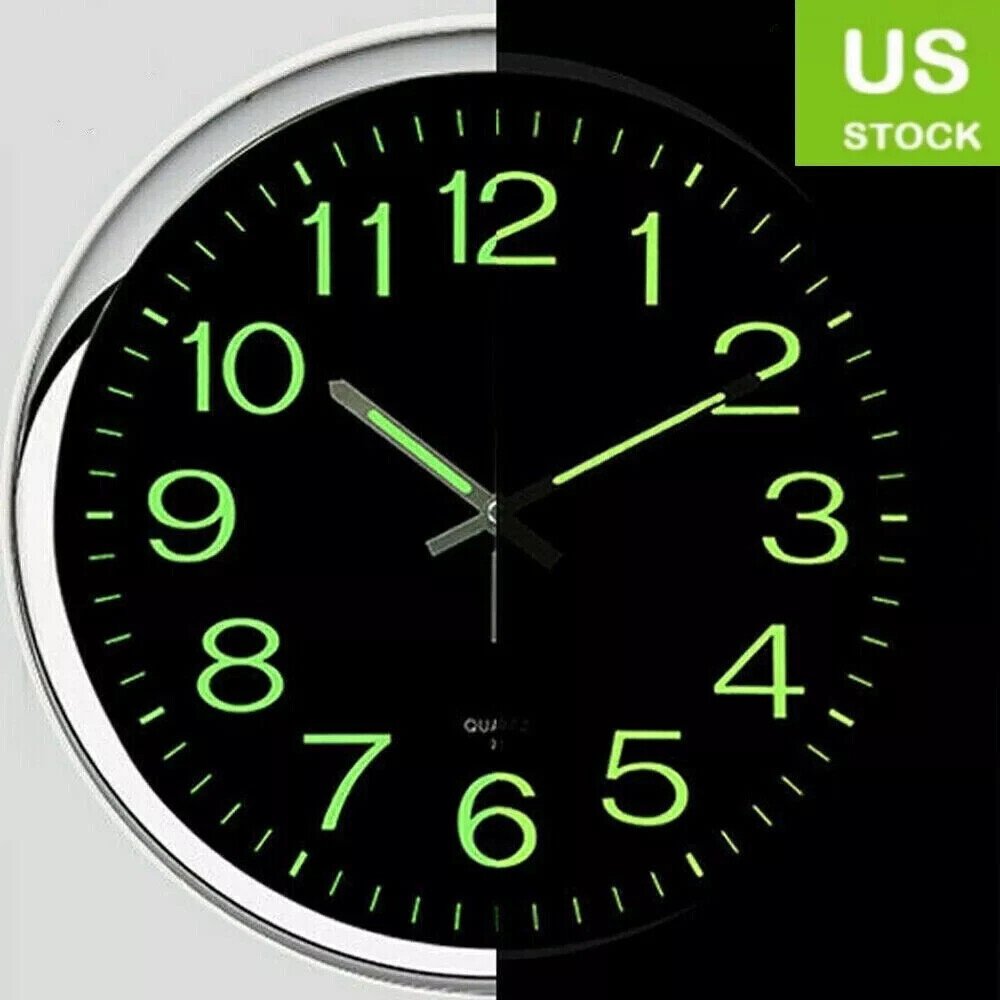 New 12 inch Modern Battery Wall Clock Luminous Glow Night Light Quartz Silent US