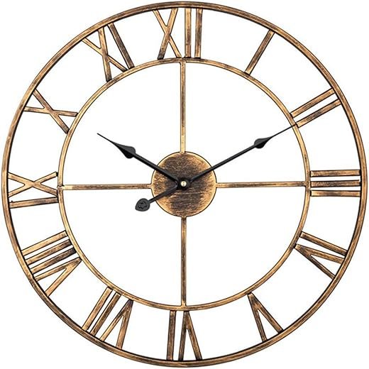 Nordic Retro Roman Numeral Iron Wall Clock, European Decorative Round Roman Mute Clock, Living Room Bedroom Wall Clock,Brass,20