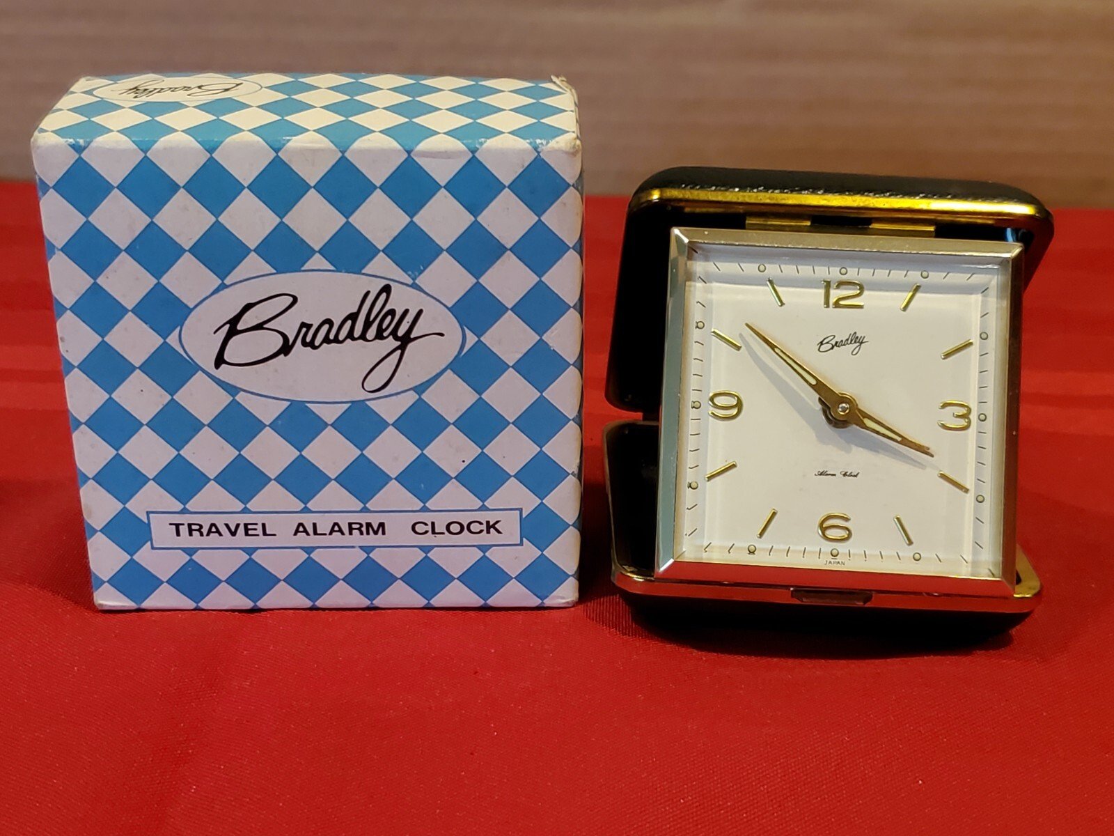 Old Vtg Bradley Folding Travel Alarm Clock Black Gold Tone Made In Japan