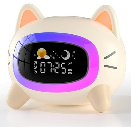 Onekawa Kids Alarm Clock,Wake Clock for Kids ,Toddler Sleep Training Clock with Night Lights and Sound Machine,Cute Cat Clock,Gift for 3-12 Years Old Boys Girls(White)
