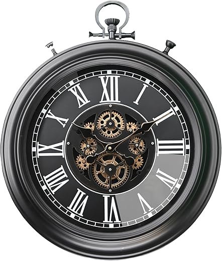 Original Moving Gear Large Wall Clock 18 * 21: Vintage Industrial Pocket Watch Steampunk Rustic Farmhouse Decor for Living Room, Office, and Bar. Battery-Operated and Oversized. (Black)