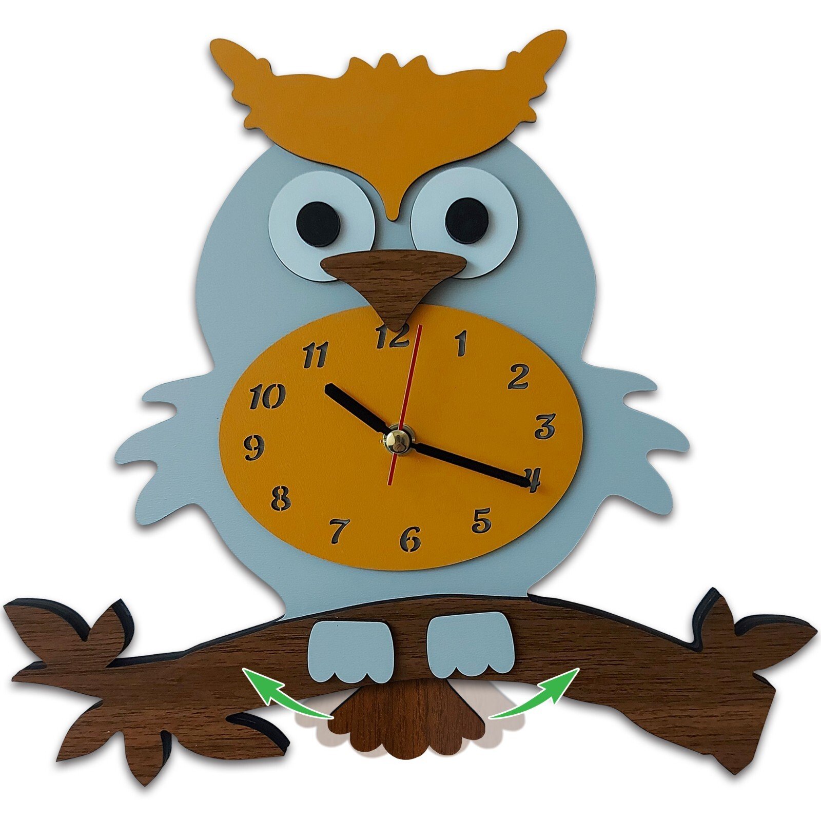 Owl Swinging Tail Wall Clock Kids Analog Clock, Kids Children Wall Clocks Orange