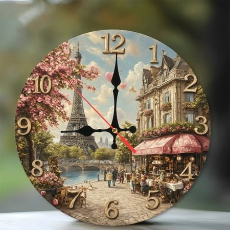 Paris Eiffel Tower Romantic Wall Clock Vintage French Cafe Art 10-Inch Silent Wooden Wall Clock, Battery Operated (AA Batteries Not Included), Artistic Home Decor