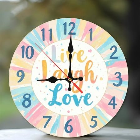 Pastel Rainbow Live Laugh Love Wall Clock 10-Inch Silent Wooden Wall Clock, Battery Operated (AA Batteries Not Included), Artistic Home Decor