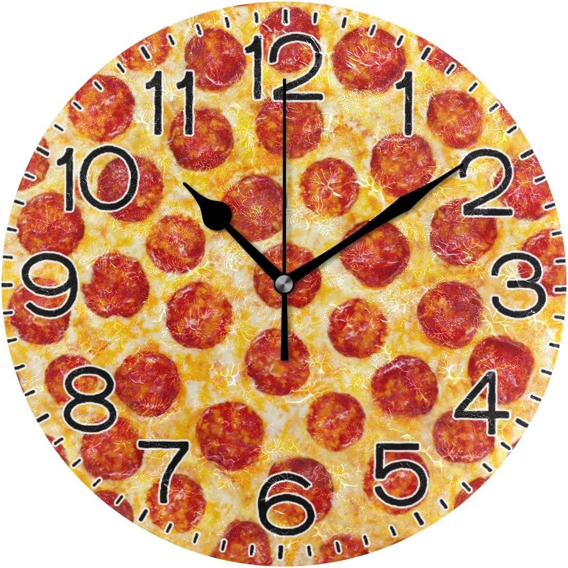 Pepperoni Pizza Wall Clock Battery Operated Non Ticking Silent Quartz Analog Rustic Farmhouse Round Clock Retro Decor for Home Kitchen Living Room Bathroom