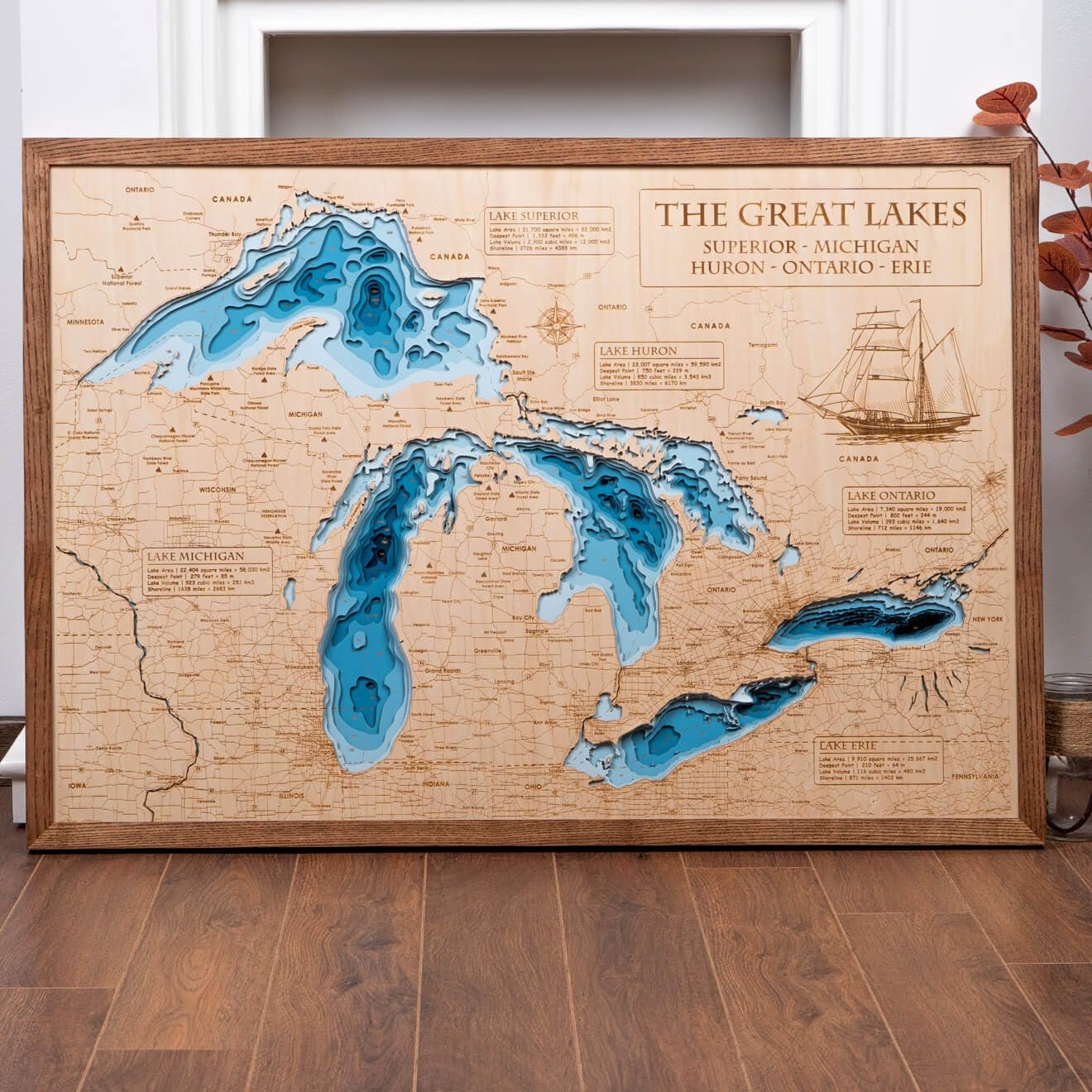 Personalized 3D The Great Lakes Wood Map | Lake Depth Map Art | 9-Layer Nautical Decor | Rustic Wall Art for Lake House, Cabin | Gifts for 5th Anniversary, Father’s Day, Christmas, Housewarming
