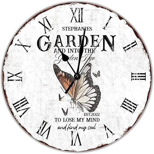 Personalized Name Garden Wall Clock Brown Butterfly Frameless Wall Clock 15 inch Non-Ticking Quartz Battery Butterfly Holiday Farmhouse Art Clock Decorative for Home Living Room Bathroom