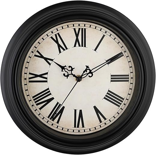 Plumeet Extra Large Retro Wall Clock, 16'' Non Ticking Classic Silent Vintage Wall Clocks Decorative Kitchen Living Room Bedroom, Roman Numerals, Battery Operated, Black