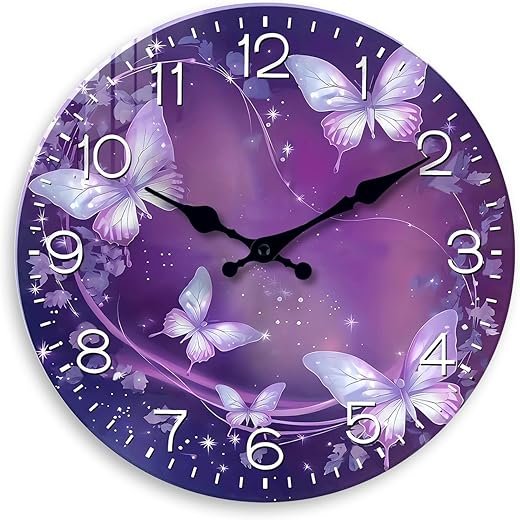 Purple Wall Clock for Girls Bedroom Analog Butterfly Wall Clock Battery Operated 12 Inch Round Glass Wall Clock Silent
