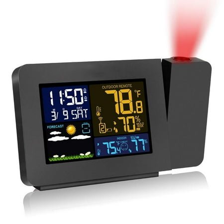 Qishi Projection Alarm Clock, Digital Clock Projector on Ceiling with Indoor/Outdoor Temperature Display, Dual Alarms, WWVB, Colored Backlight, Weather Forecast