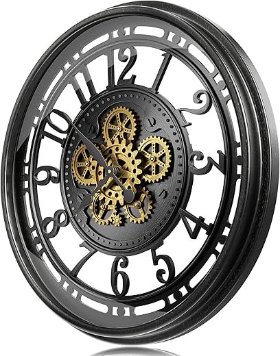 Real Moving Gears Wall Clock for Living Room Decor, Large Modern Metal Industrial Steampunk Unique Vintage Rustic Decorative Clocks for Home Farmhouse Office, 21 Inch Black Gold Arabic Numeral