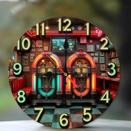 Retro Diner Jukebox Clock Wall Art 10-Inch Silent Wooden Wall Clock, Battery Operated (AA Batteries Not Included), Artistic Home Decor