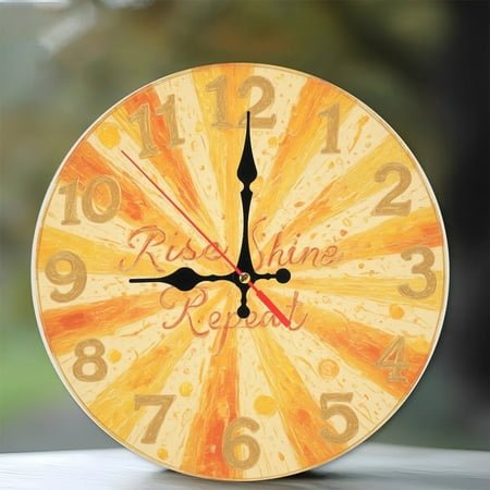 Rise Shine Repeat Wall Clock Orange Yellow Sunburst Decor 10-Inch Silent Wooden Wall Clock, Battery Operated (AA Batteries Not Included), Artistic Home Decor