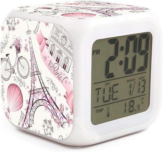 Romantic Paris Eiffel Tower Alarm Clock for Kids Boy Girl 7 LED Color Changing Wake Up Clock Home Decor Bedroom Digital with Temperature Display